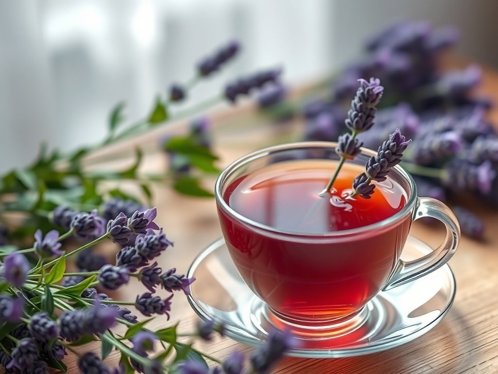 A cup of lavender tea with lavender flowers around it on a wooden table.