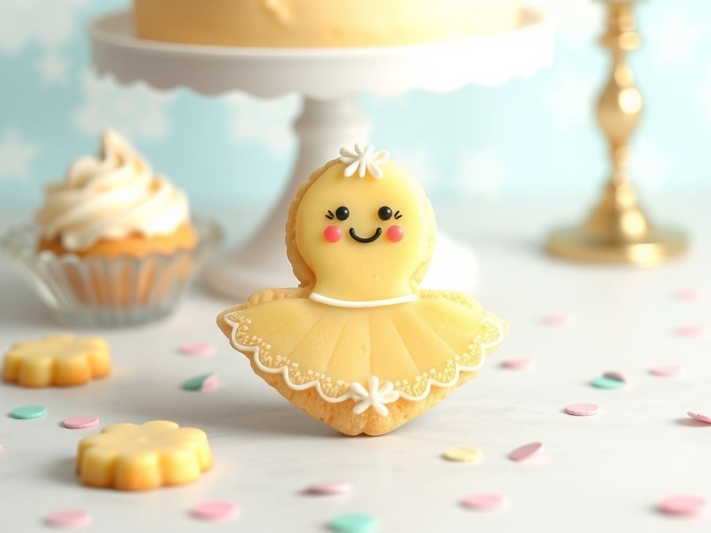 Creamy yellow ballerina cookie with a smiling face