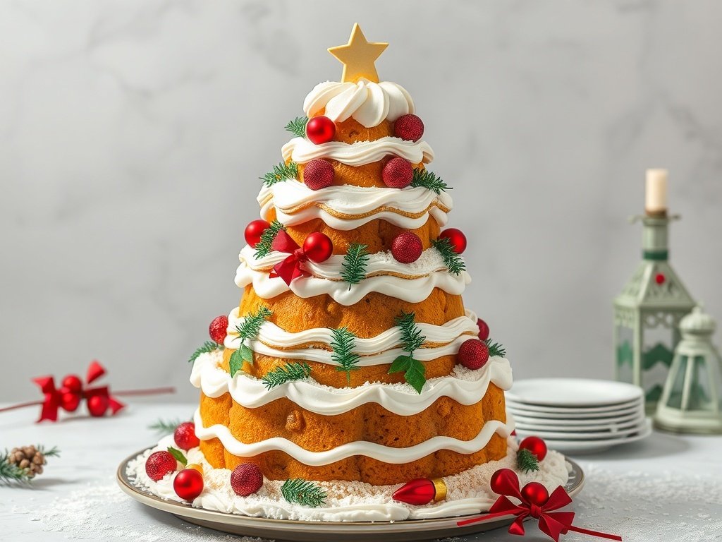 A beautifully decorated Kransekake resembling a Christmas tree, adorned with frosting, berries, and a star on top.