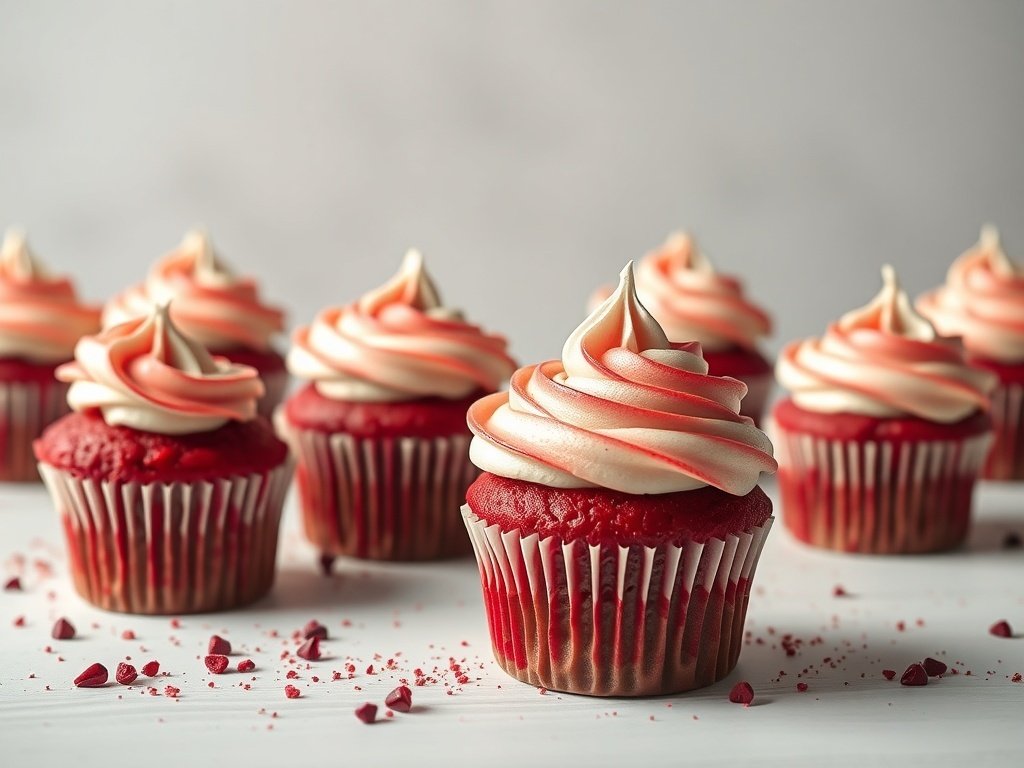 Red velvet cupcakes with cream cheese swirl frosting