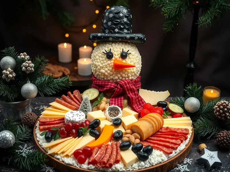 A festive snowman cheese and meat board featuring cheese, meats, and colorful vegetables arranged creatively.