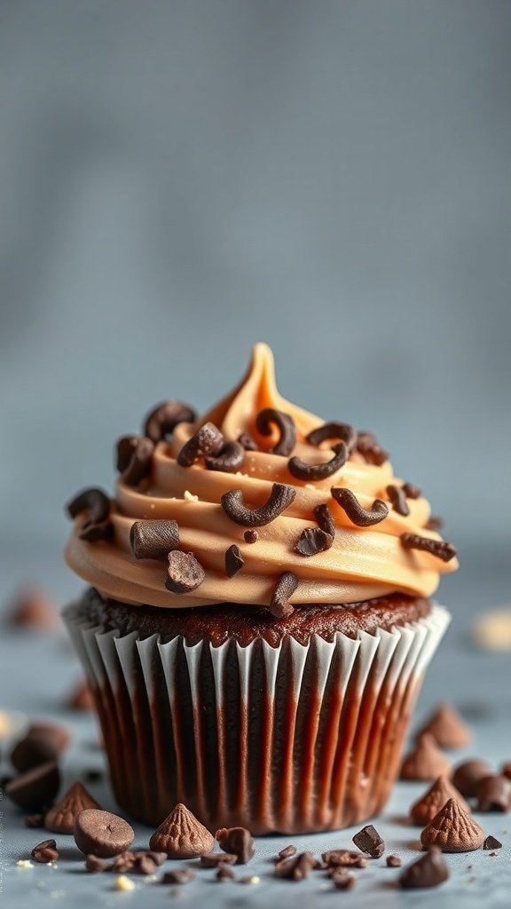 A delicious Nutty Hazelnut Chocolate Bliss cupcake topped with hazelnut frosting and chocolate shavings.