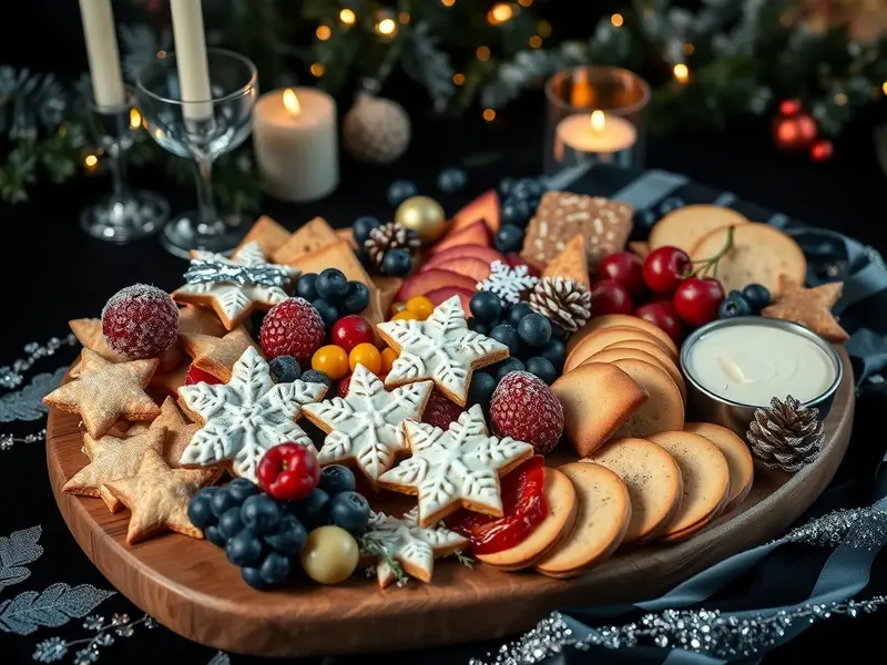 A beautifully arranged charcuterie board featuring snowflake-shaped cheeses, fruits, cookies, and decorative elements, set against a snowy background.