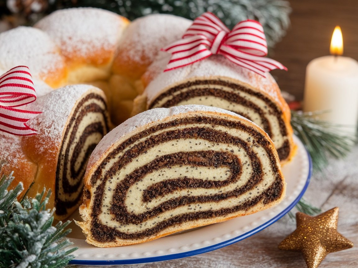 A sliced Polish Makowiec (poppy seed roll) on a wooden platter, surrounded by festive decorations.