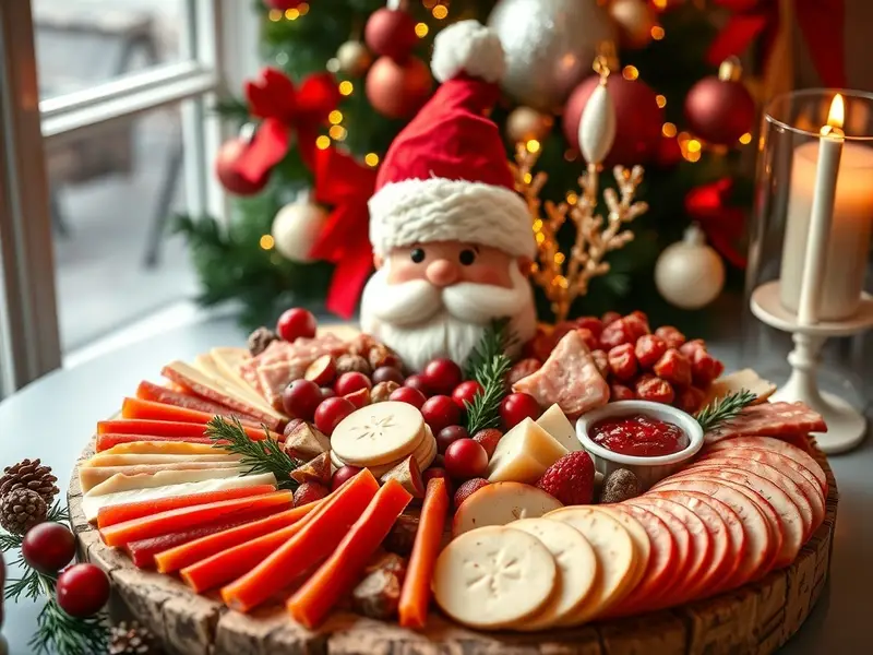 A festive Santa-themed charcuterie board featuring meats, cheeses, and holiday decorations.