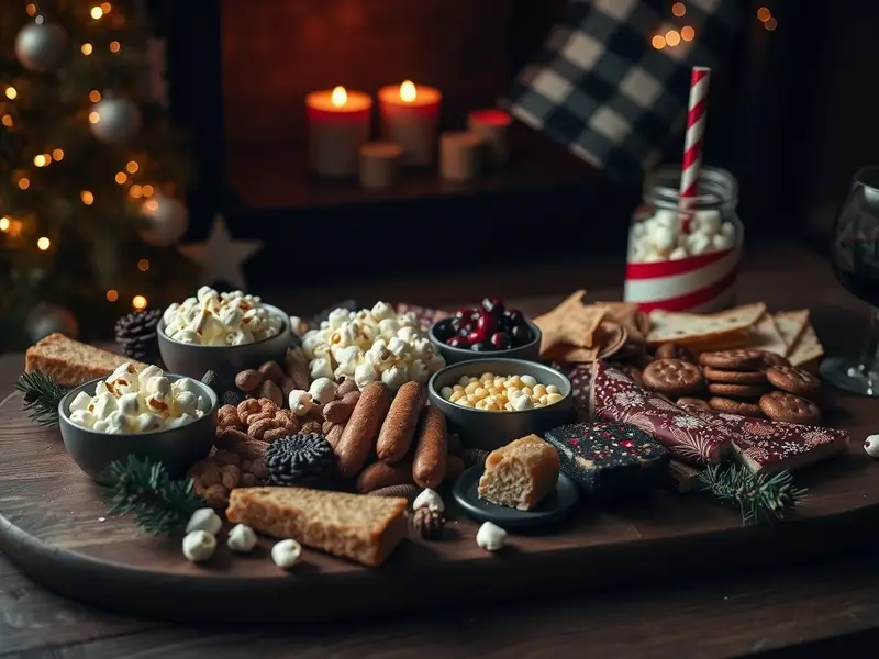 A festive charcuterie board with various snacks including crackers, meats, cheeses, cookies, and popcorn, arranged on a cozy blanket.