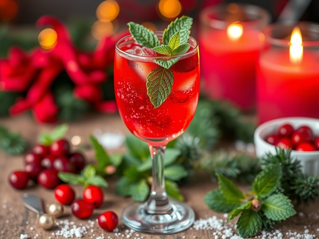 A festive cranberry sparkler drink garnished with mint leaves, surrounded by cranberries and holiday decorations.