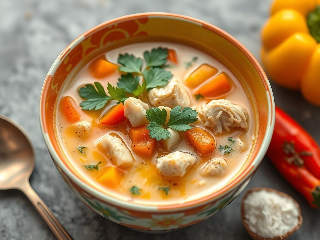 A bowl of Caribbean Coconut Chicken Soup with vibrant vegetables and herbs.