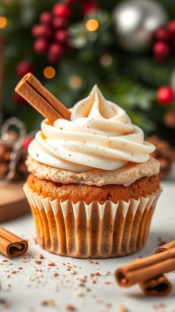 A close-up of a cinnamon roll cupcake topped with cream cheese frosting and a cinnamon stick, set against a festive holiday backdrop.