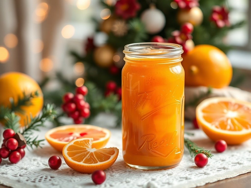 A jar of citrus marmalade surrounded by oranges and cranberries on a colorful background.