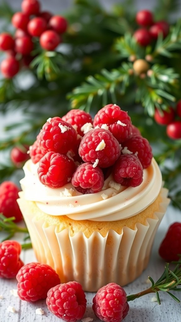 Delicious white chocolate raspberry cupcake topped with fresh raspberries and white chocolate shavings, surrounded by festive greenery.