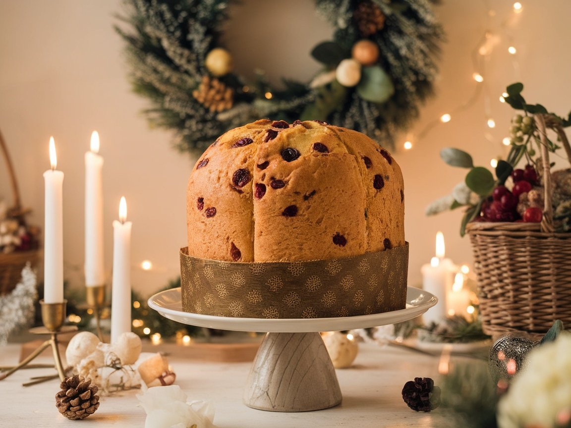 A beautifully baked Italian Panettone with dried fruits, dusted with flour, set against a festive background of lights and greenery.