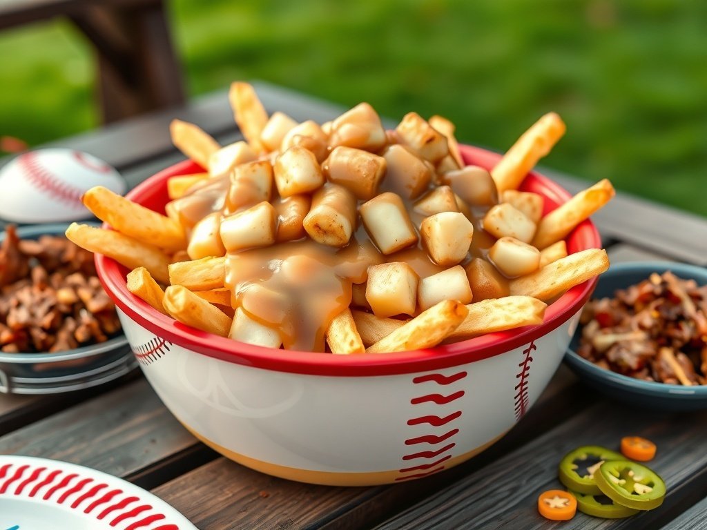 A baseball-style bowl of poutine with fries, cheese curds, and gravy on a picnic table.