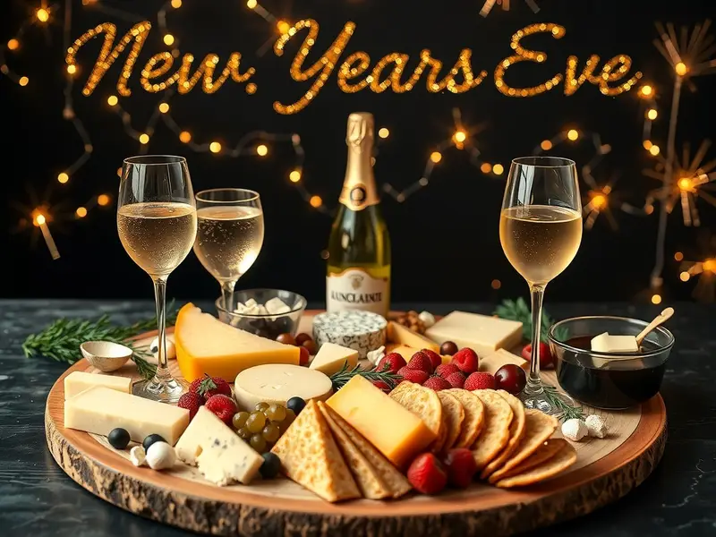 A festive New Year's Eve charcuterie board featuring various cheeses, fruits, and sparkling wine, with decorative lights in the background.