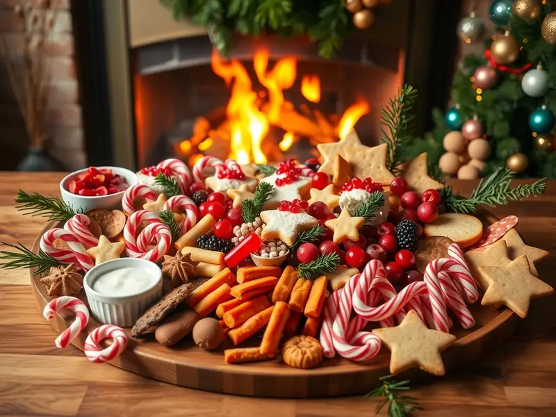 A festive charcuterie board filled with candy canes, cookies, fruits, and a creamy dip, set against a cozy fireplace and decorated Christmas tree.