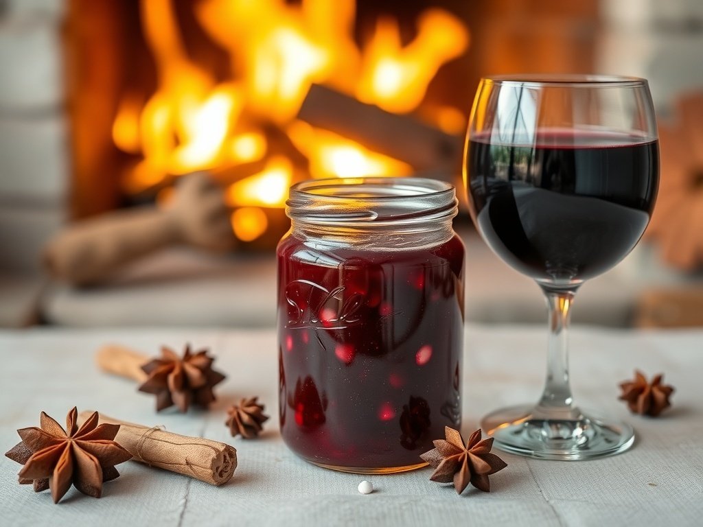 A jar of mulled wine jam next to a glass of red wine, with spices and a cozy fireplace in the background.