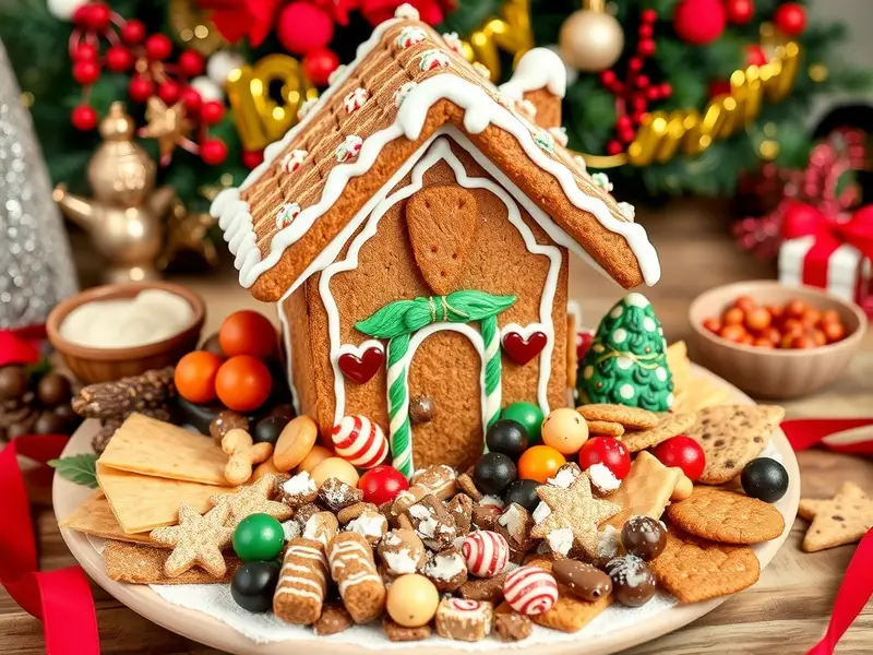 A festive gingerbread house snack board with a variety of colorful candies and cookies.