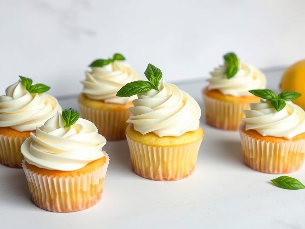 Lemon basil cupcakes with swirls of frosting and fresh basil leaves on top.