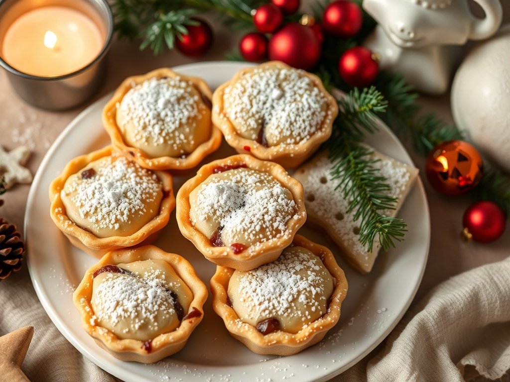 A plate of British mince pies with powdered sugar, surrounded by festive decorations.