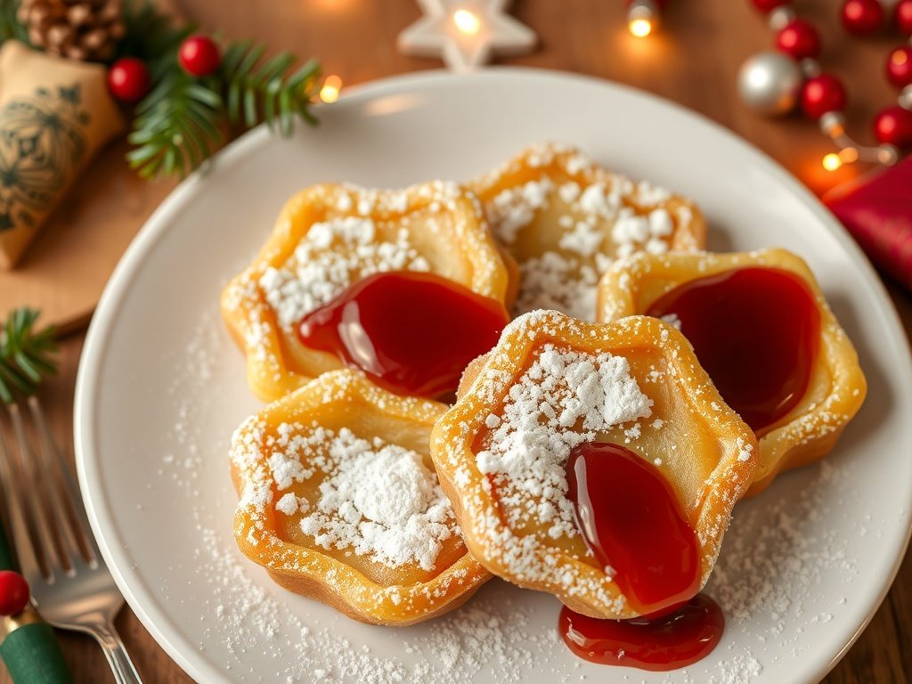 A plate of Danish Æbleskiver topped with powdered sugar and red jam
