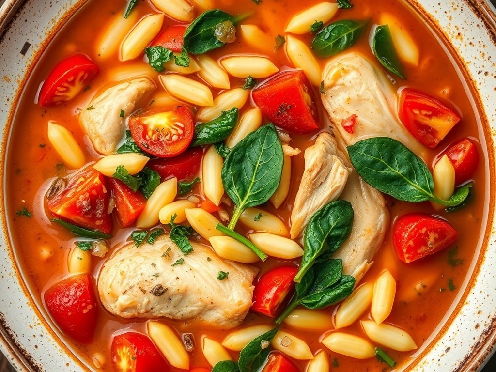 A bowl of Italian Chicken and Orzo Soup with fresh vegetables and herbs.