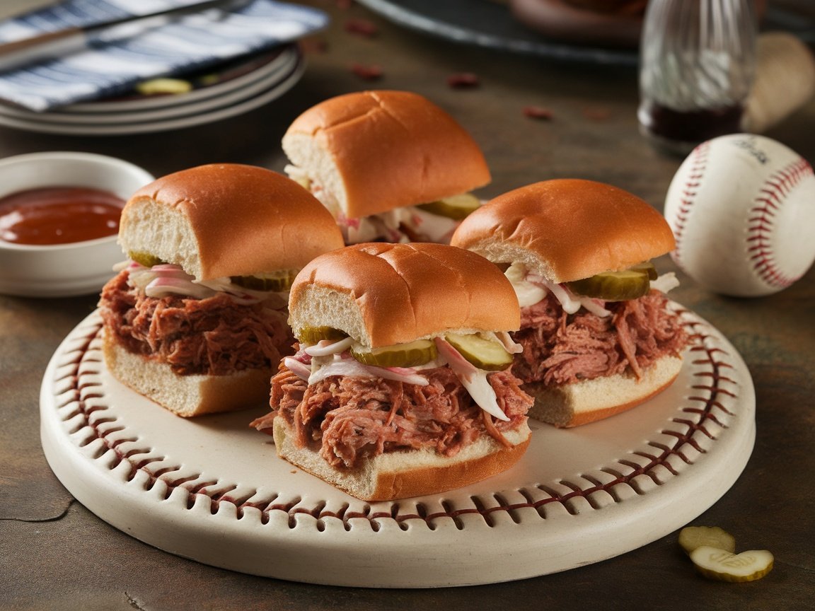 BBQ pulled pork sliders with coleslaw and pickles on a wooden board, served with barbecue sauce.