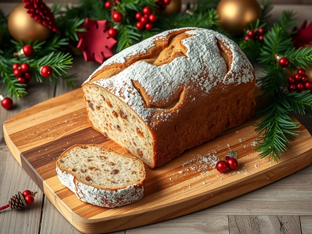 A loaf of German Stollen bread with powdered sugar on top, sliced, and surrounded by Christmas decorations.