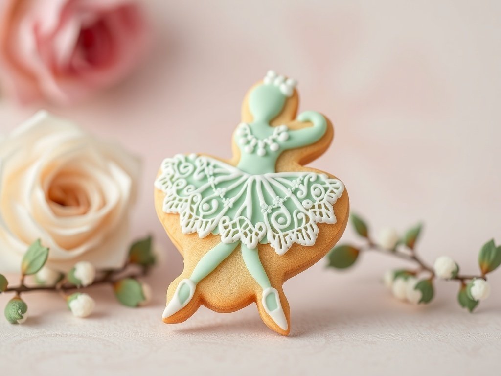 Mint green ballerina cookie decorated with icing