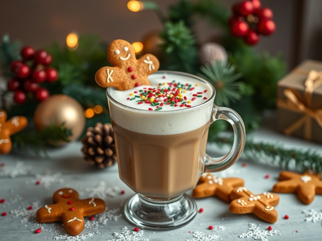 A festive gingerbread latte fizz topped with whipped cream and colorful sprinkles, surrounded by gingerbread cookies and holiday decorations.