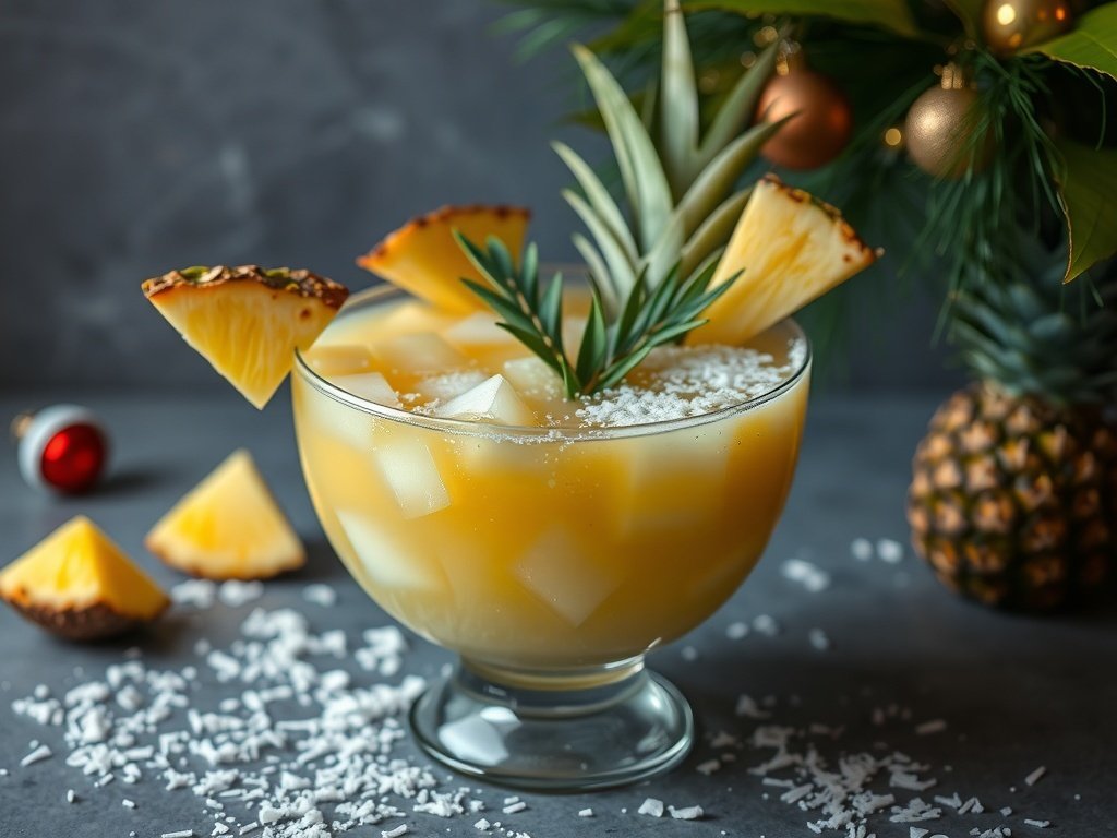 A bowl of Pineapple Coconut Holiday Punch garnished with pineapple slices and coconut flakes.
