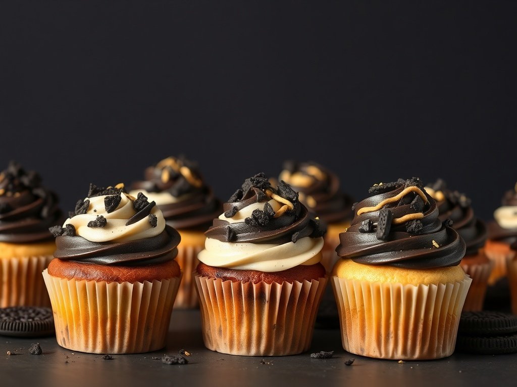 Luxurious black and gold themed Oreo cream cupcakes with rich frosting and crushed Oreos on top.