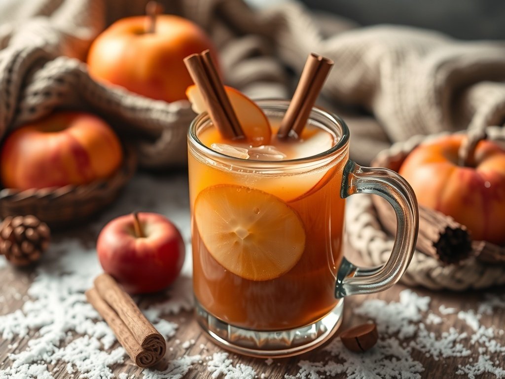 A glass of spiced apple cider fizz with apple slices and cinnamon sticks, surrounded by apples and cozy decor.
