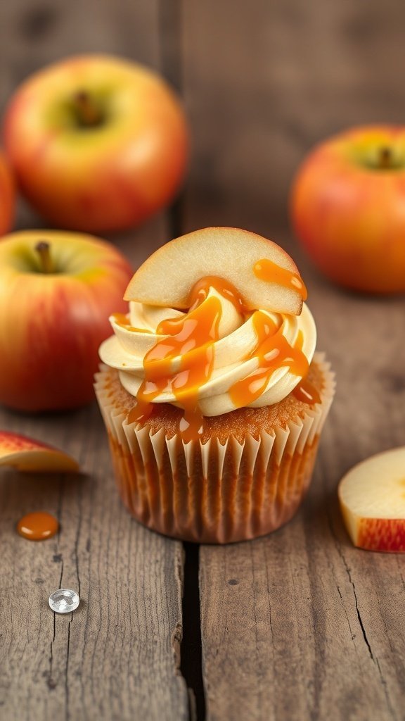 Caramel apple cupcake with caramel drizzle and apple slice on top