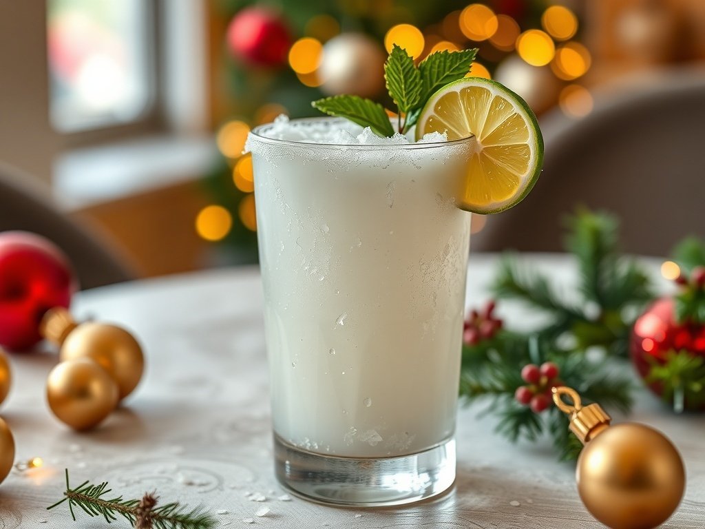 A refreshing Coconut Lime Holiday Spritzer garnished with mint and lime, set against a festive background.