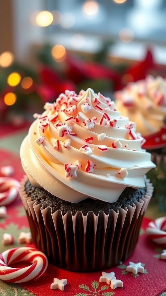 Chocolate peppermint cupcakes with festive frosting and crushed peppermint on top