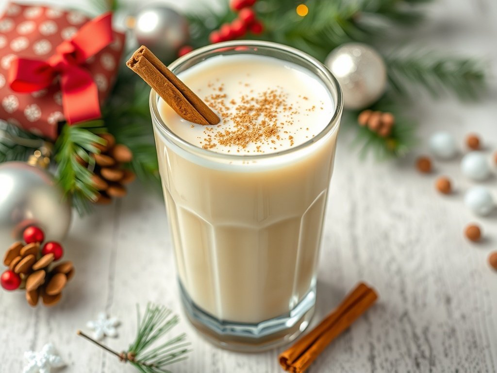 A glass of Eggnog Cream Soda Delight garnished with cinnamon and nutmeg, surrounded by Christmas decorations.