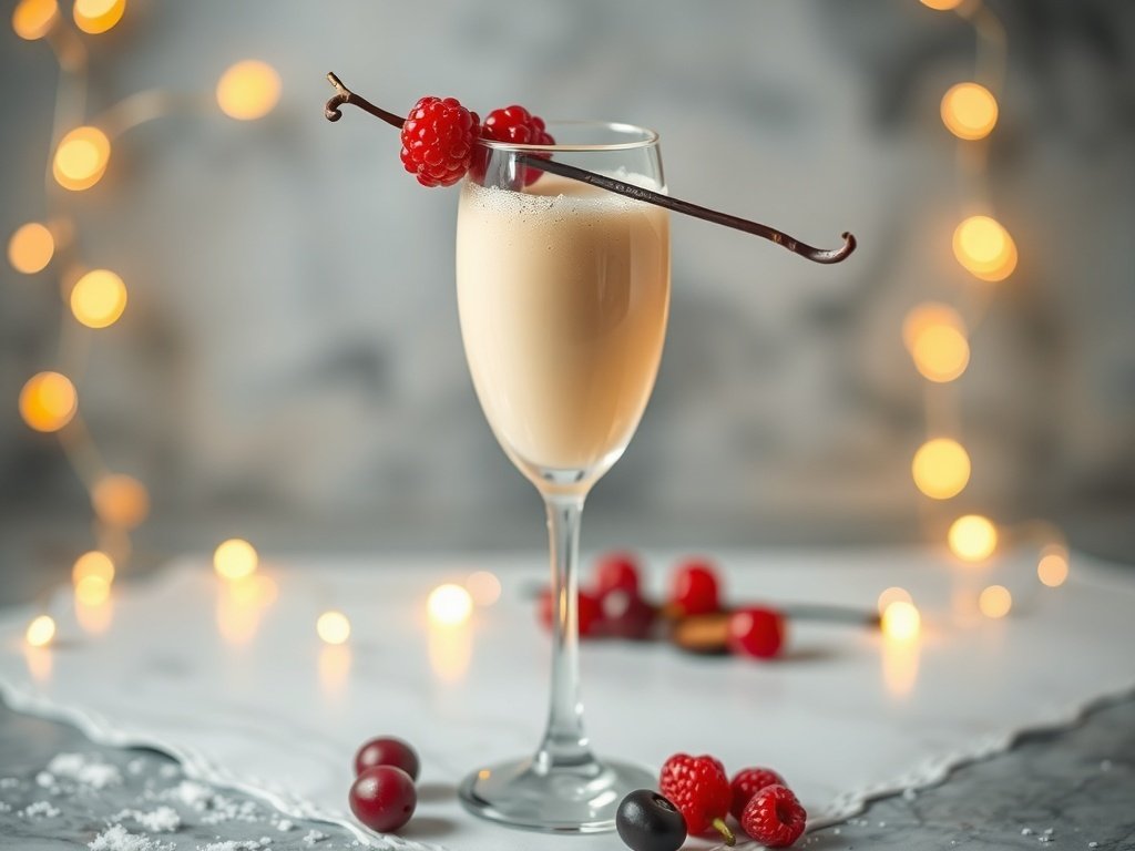 A glass of Vanilla Bean Creamy Sparkler garnished with raspberries and a vanilla bean.