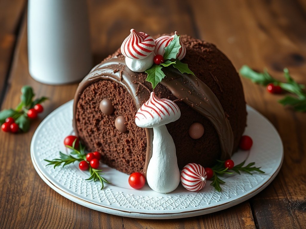 A beautifully decorated French Bûche de Noël, resembling a log, with chocolate ganache, meringue mushrooms, and festive decorations.
