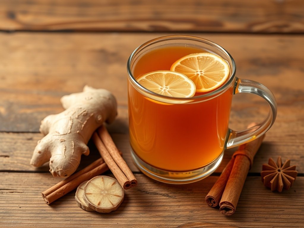 A warm cup of ginger spice tea with a slice of lemon, surrounded by cinnamon sticks and a gingerbread cookie.
