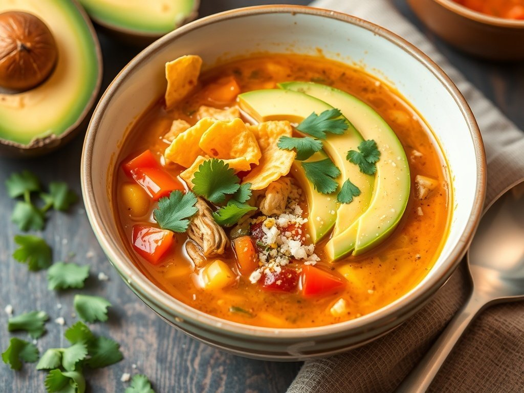 A bowl of Mexican Chicken Tortilla Soup garnished with avocado, cilantro, and tortilla strips.