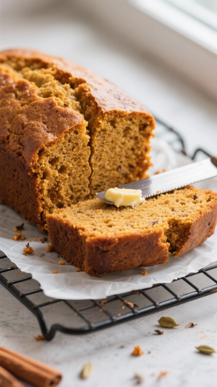 Close-up detail: A freshly baked pumpkin spice pound cake loaf just out of the pan, golden and confi