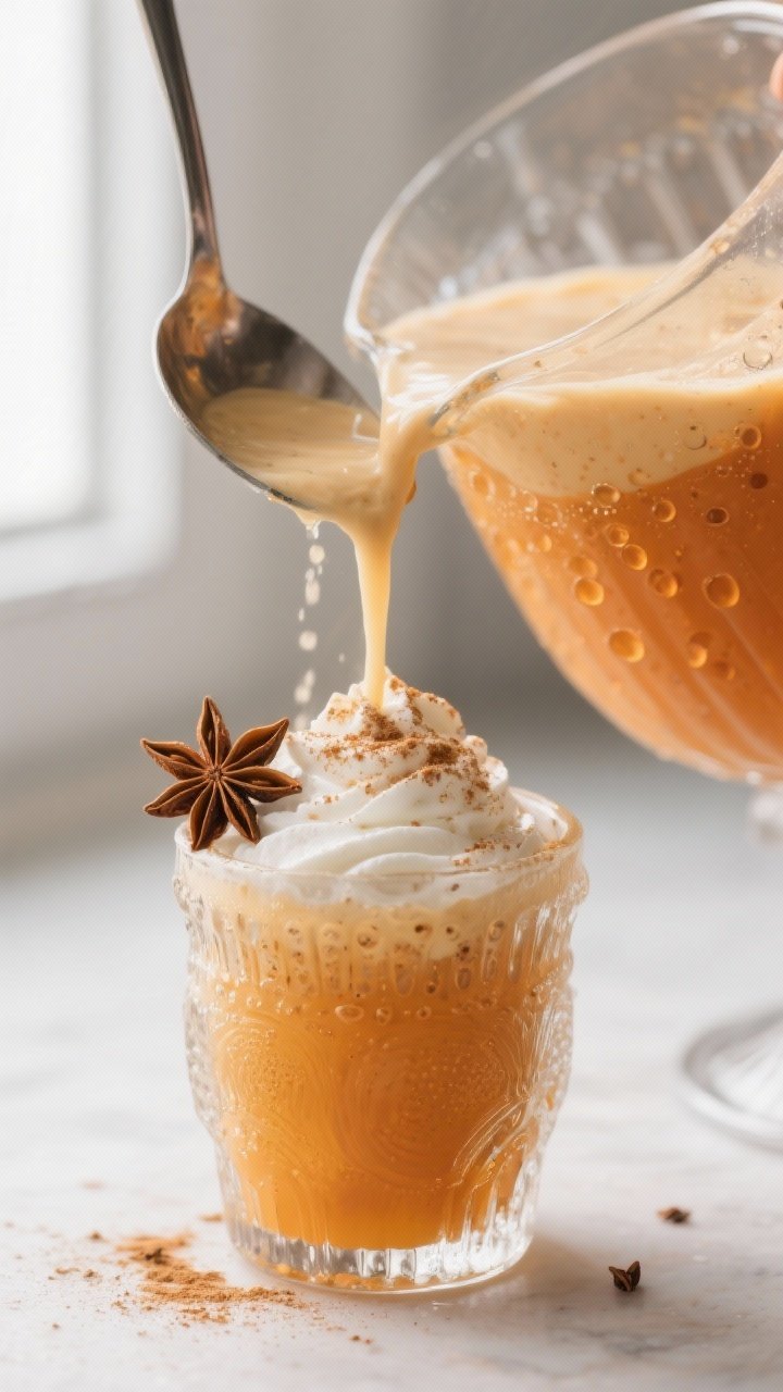 Close-up detail: A ladle pouring the finished creamy pumpkin punch into a frosted glass from a pre-c