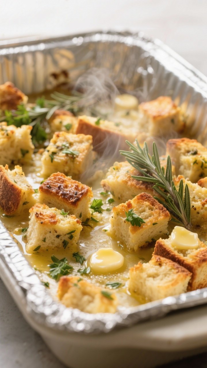 Cooking process, close-up detail: Golden, herb-scented stuffing cubes being crisped in a buttered 9x