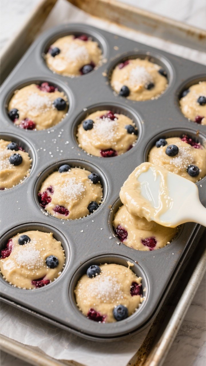 Cooking process: Overhead shot of a 12-cup muffin tin just filled 3/4 full with batter, berries gent