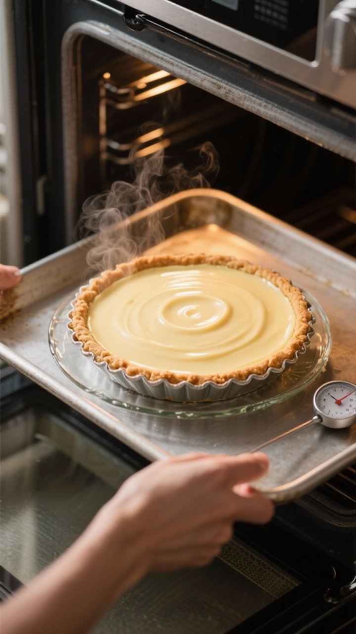 Cooking process: Overhead shot of the flan pie set in a water bath on a rimmed baking sheet inside t