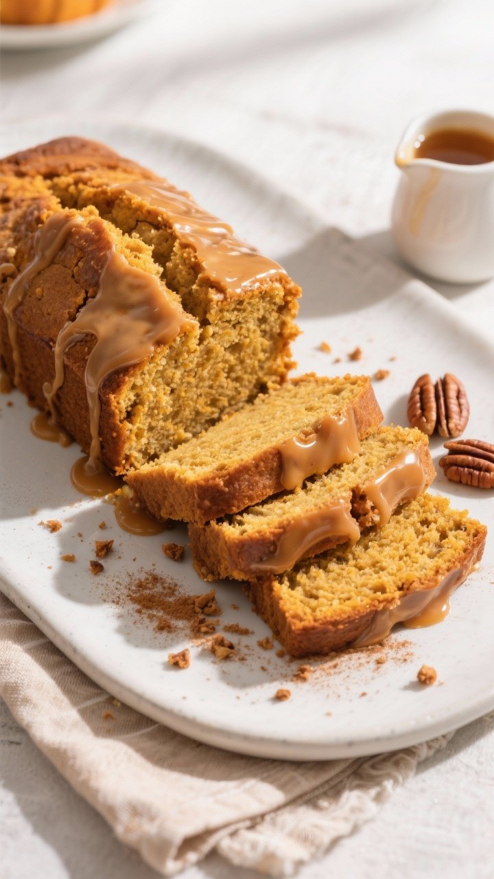 Final dish presentation: Beautifully plated slices of pumpkin spice loaf pan pound cake drizzled wit