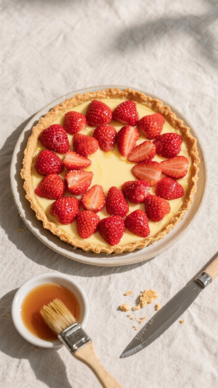 Final dish top-view: Tasty top-down image of the fully assembled Strawberry Dessert Flan Pie on a si