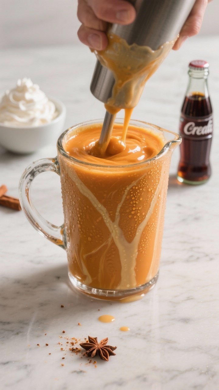 Process action shot: The smooth pumpkin base being blended to glossy perfection in a glass pitcher b
