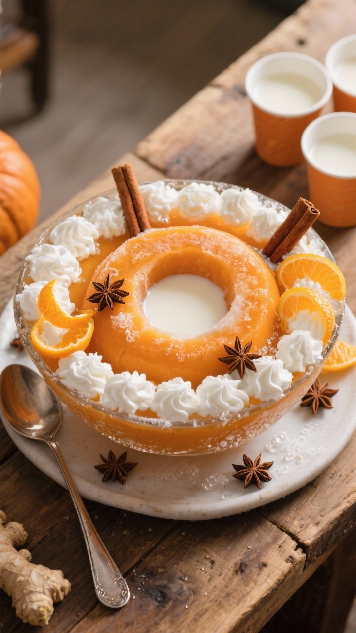 Tasty top view: Overhead shot of the final punch bowl just assembled—large slow-melting milk-and-p