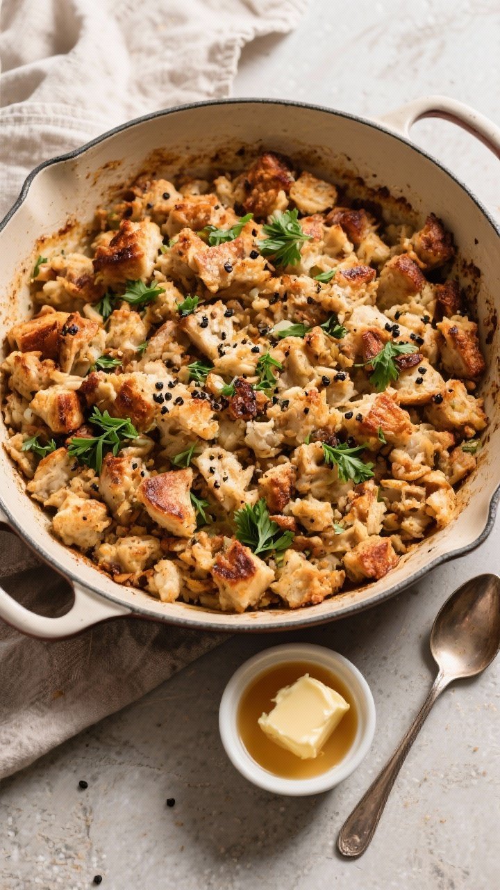 Tasty top view, overhead shot: Overhead of the finished Thanksgiving stuffing in the pan, top deeply